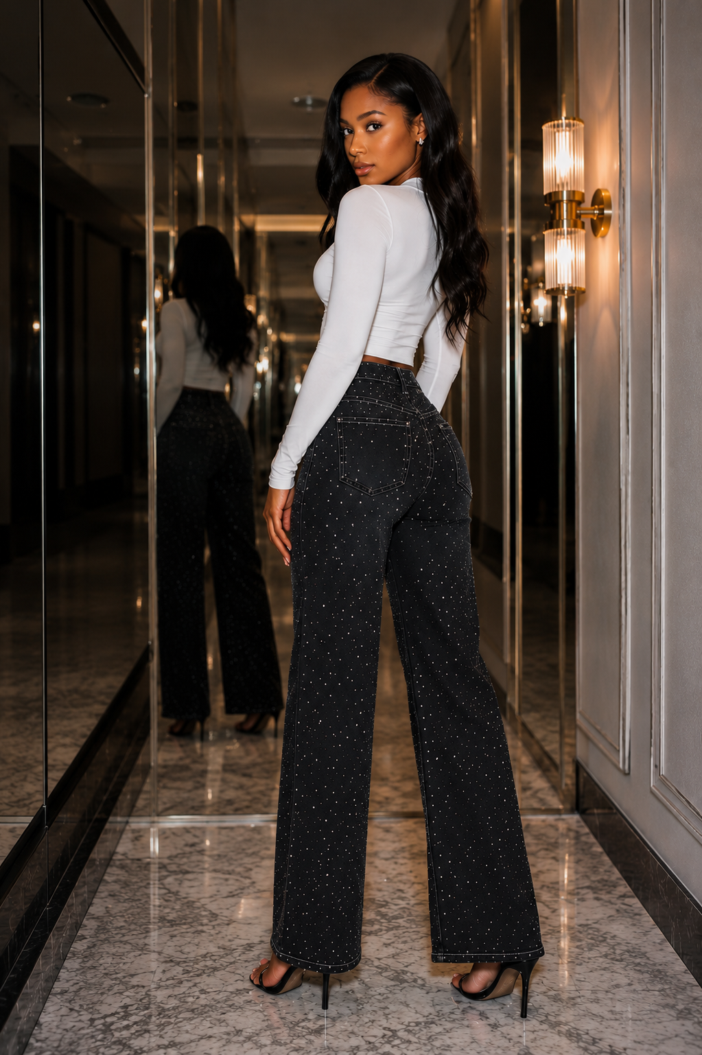 SJ Starlight Rhinestone Wide-Leg Denim Jeans