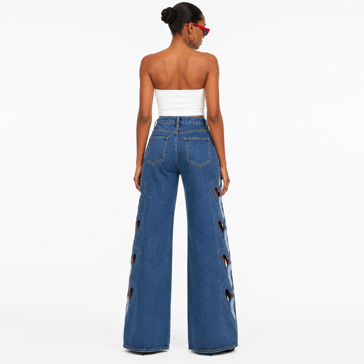Heart Cutout Wide-Leg Denim Jeans-Statement High Waist Streetwear Pants