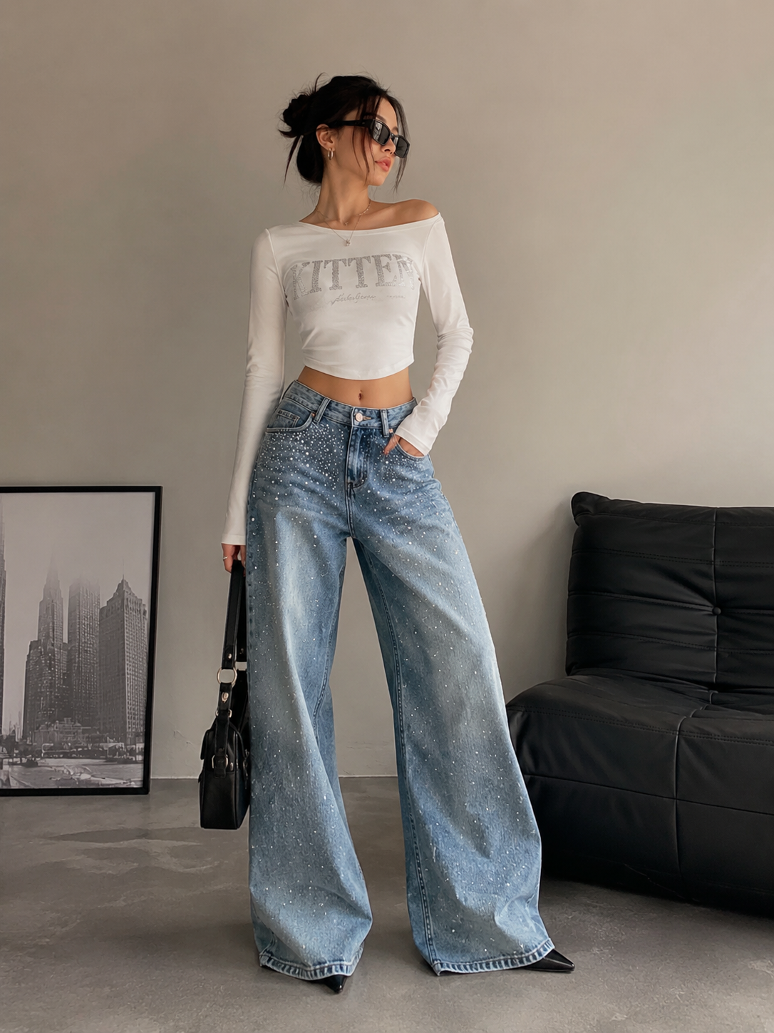 SJ Official Rhinestone Wide-Leg Jeans
