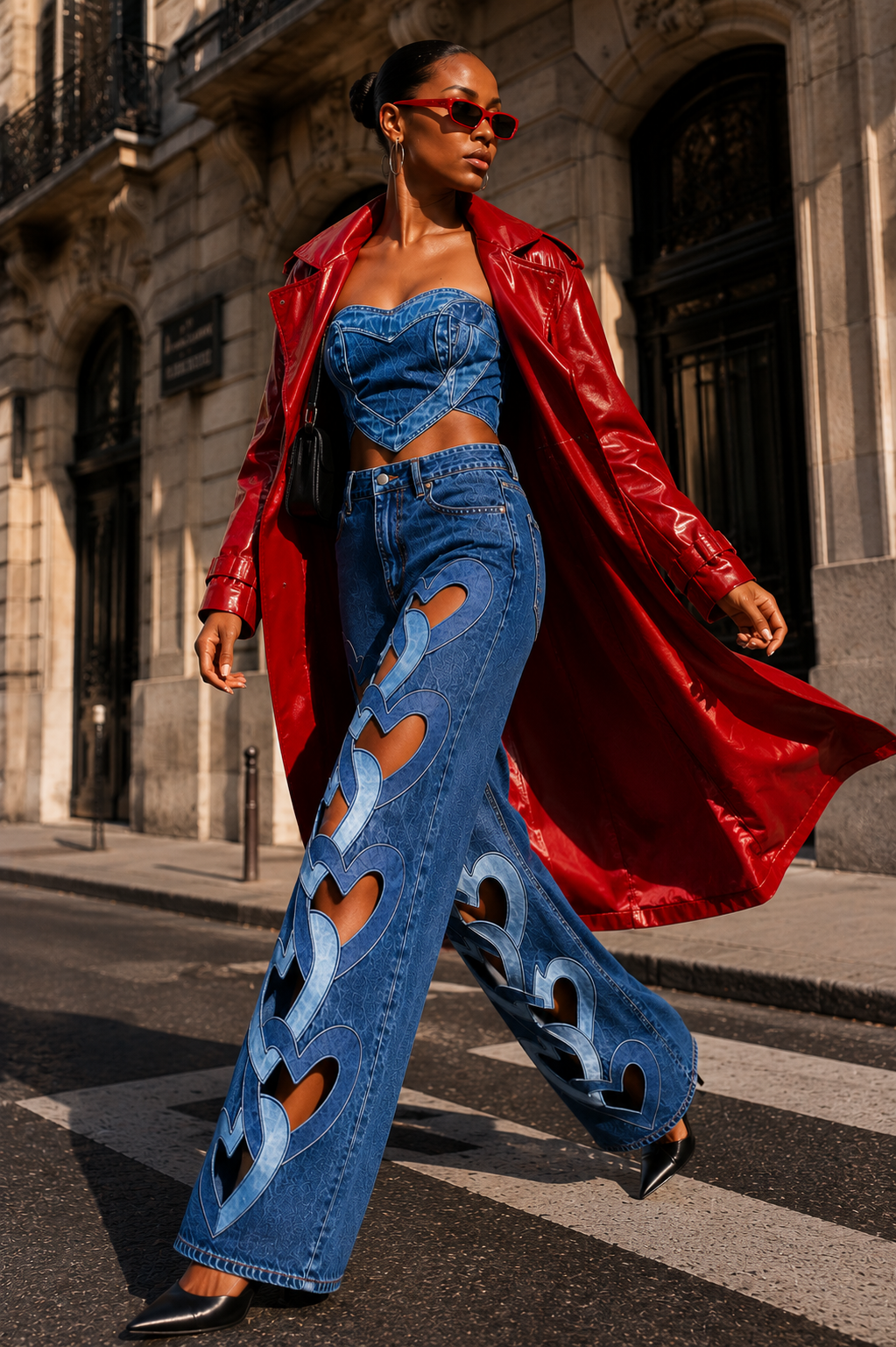 Heart Cutout Wide-Leg Denim Jeans-Statement High Waist Streetwear Pants