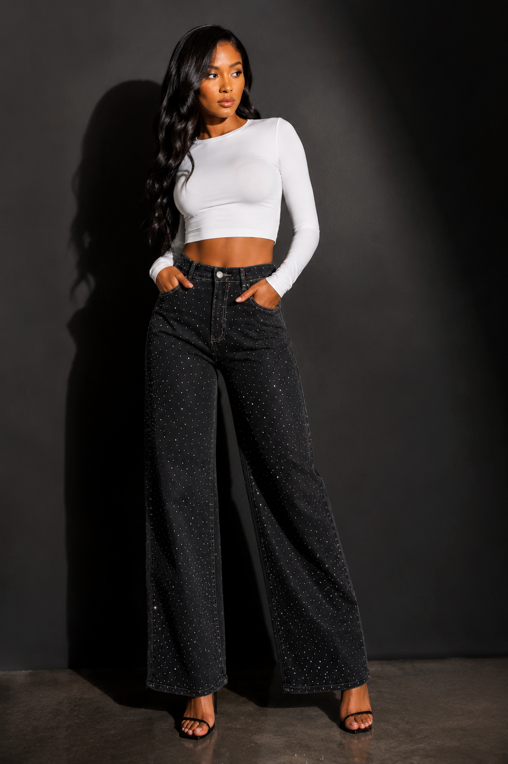 SJ Starlight Rhinestone Wide-Leg Denim Jeans