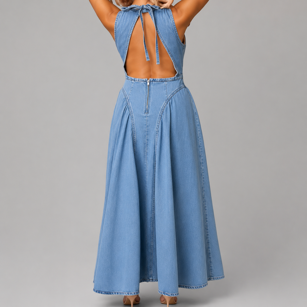 SJ Luxe Open - Back Denim Maxi Dress