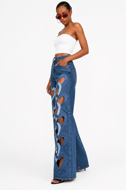 Heart Cutout Wide-Leg Denim Jeans-Statement High Waist Streetwear Pants