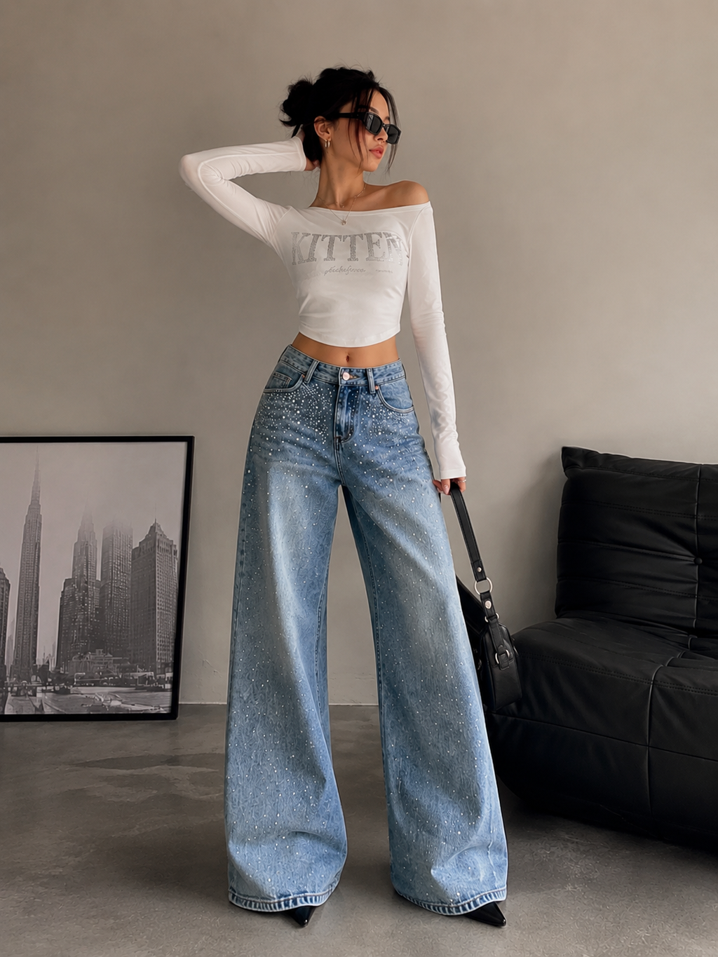 SJ Official Rhinestone Wide-Leg Jeans