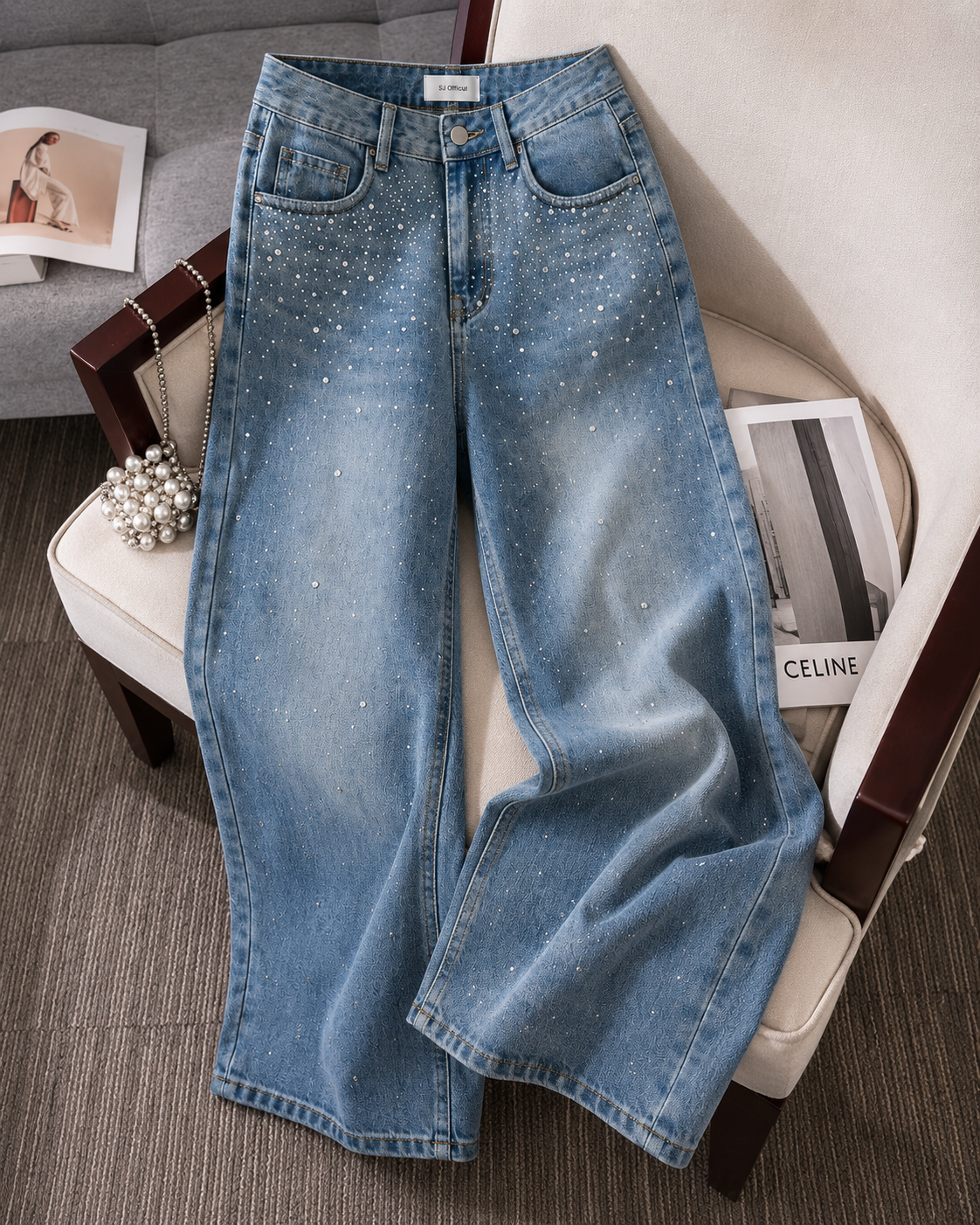 SJ Official Rhinestone Wide-Leg Jeans