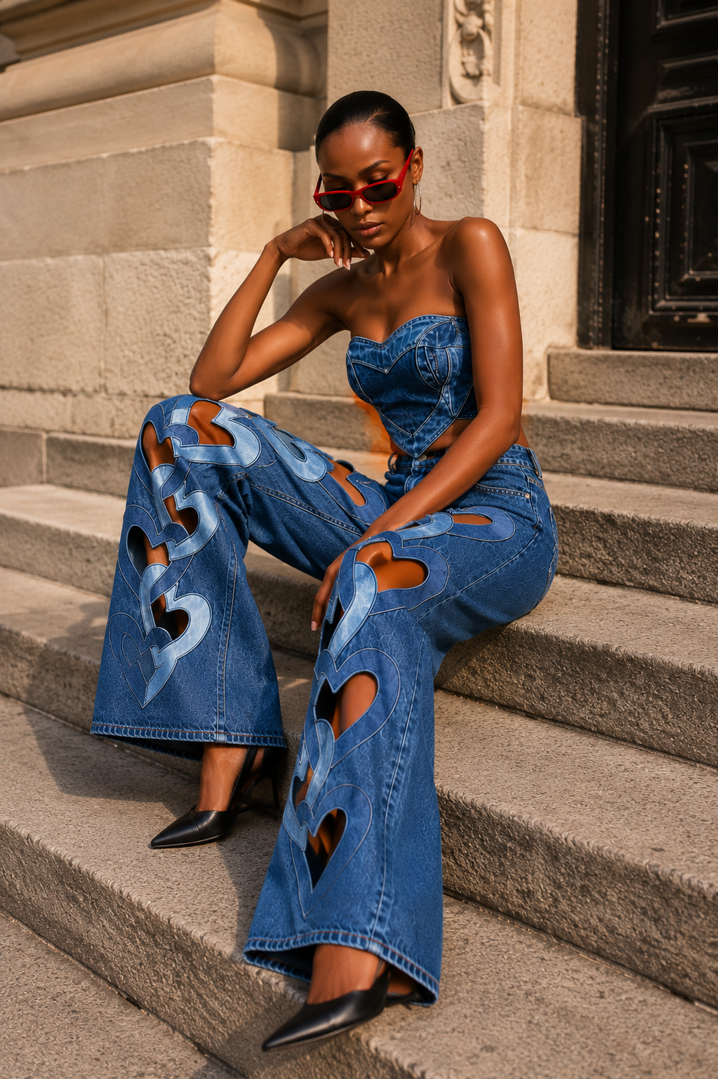 Heart Cutout Wide-Leg Denim Jeans-Statement High Waist Streetwear Pants