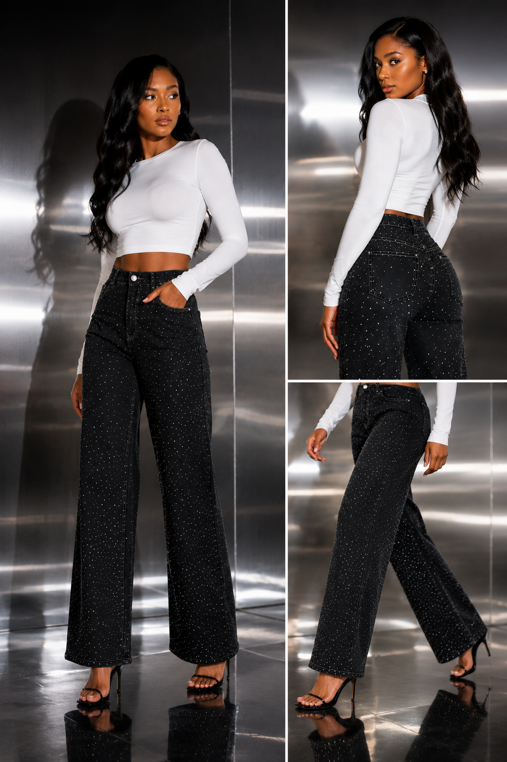 SJ Starlight Rhinestone Wide-Leg Denim Jeans
